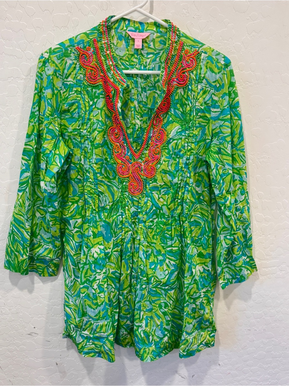 Lilly Pulitzer Green Sarasota Beaded V-Neck Tunic Women’s Large Resort Beach - Picture 1 of 9